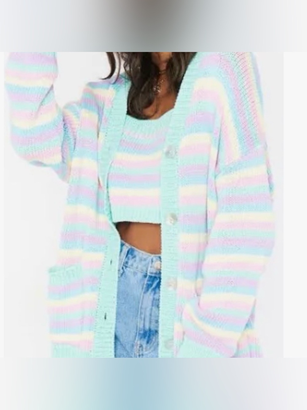 Show Me Your Mumu Nineties Knit Set Sz Medium Pastel Striped Cardigan ,Crop Top